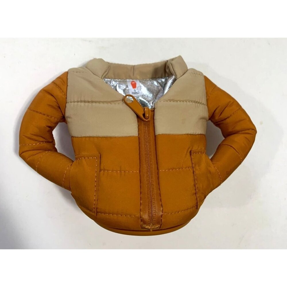 Puffin Drinkwear Can Bottle Koozie Puffer WInter Coat Brown Beige Zips Up Beer S
